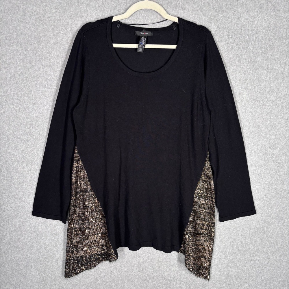 Style & Co Metallic Tunic Sweater Large Black Gold Sequin Shimmer Asymmetric